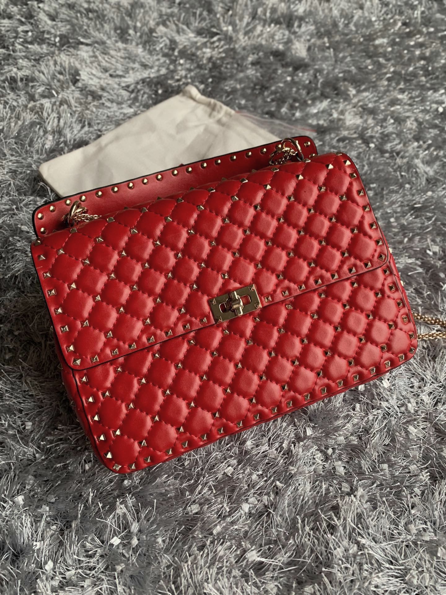 Valentino Garavani Rockstud Spike Big Chain Bag in Red Supple Lambskin Nappa